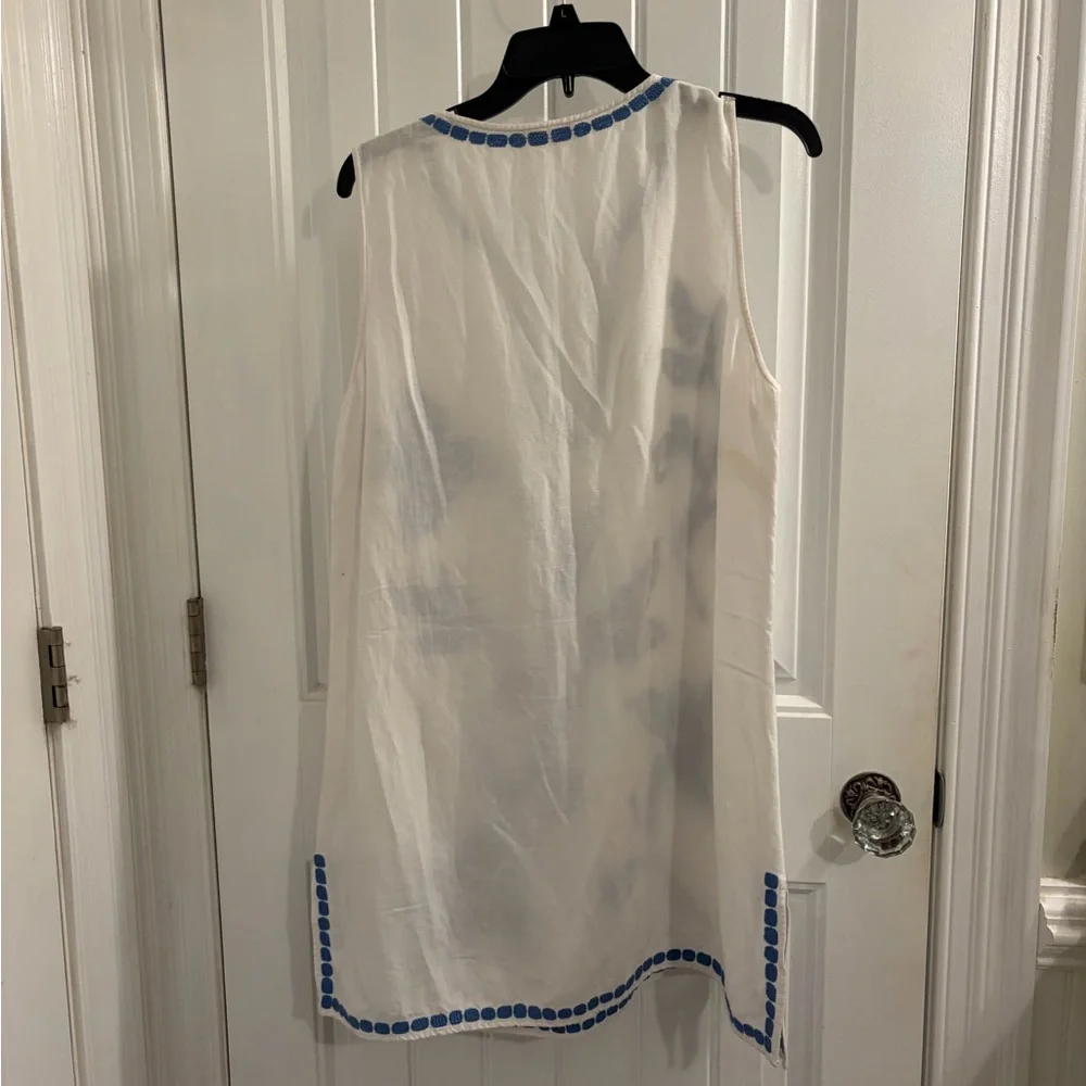 Tory Burch White Sleeveless Mini Dress with Blue Embroidery